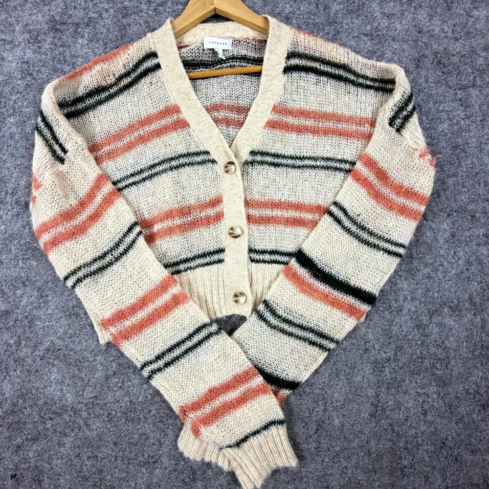 Topshop Cardigan Sweater Womens 12 Beige Orange Cropped Sheer Fuzzy Soft Retro